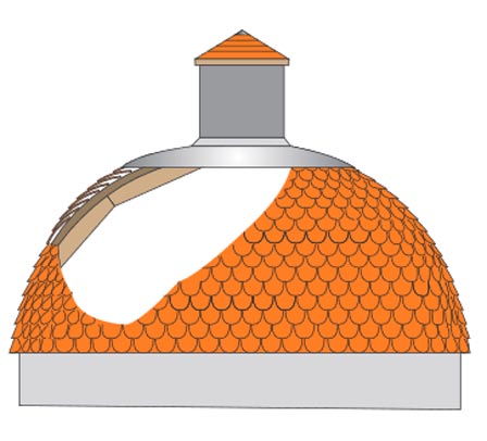Domes part tiled roof showing substructure